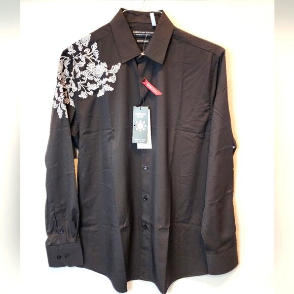 New Black Embroidered Men's Shirt Formal Party Button Up Dress Shirt L - Picture 1 of 10